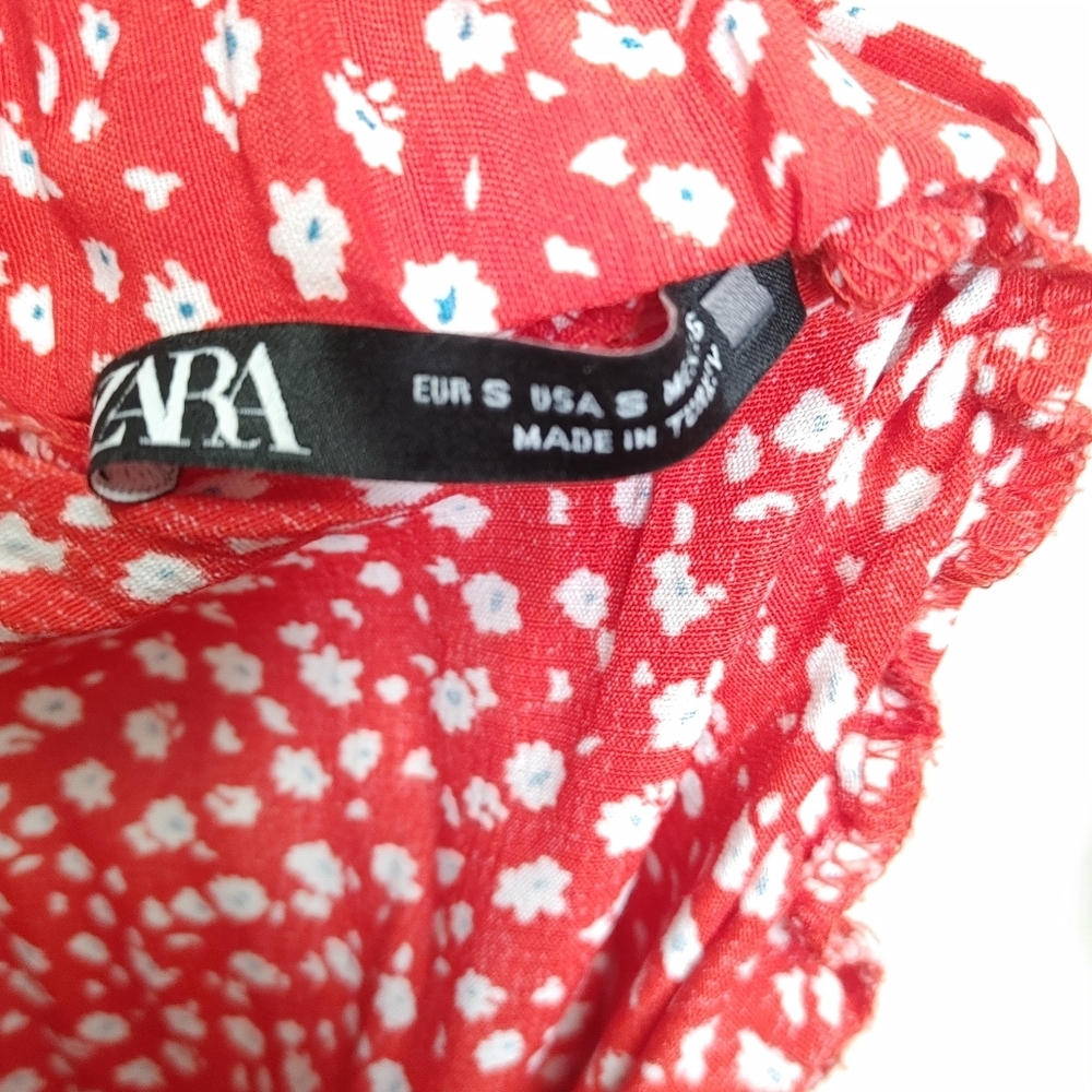 Zara Red Floral Ruched Ruffle Mini Dress Size S - Picture 10 of 12